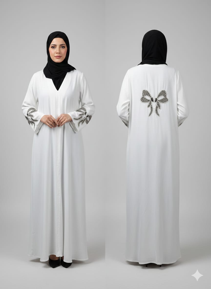 Bow Handwork Abaya in White Tik Tok Fabric