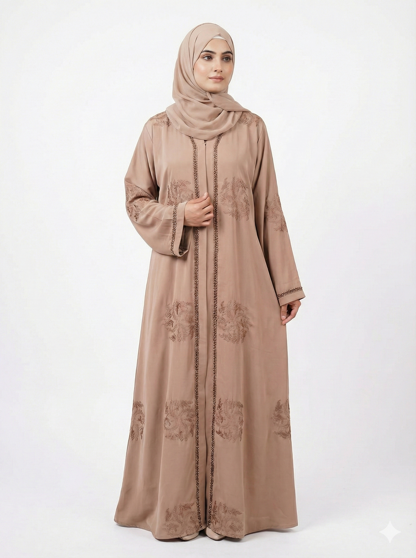 Beige Shahi Crepe Zari Embroidered Abaya