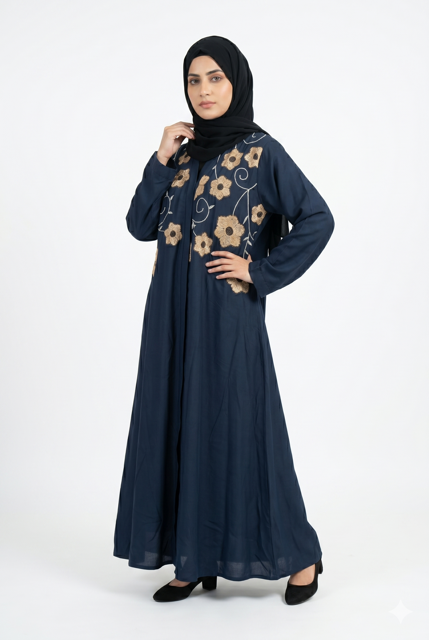 Flower Embroidery Front-Open Abaya
